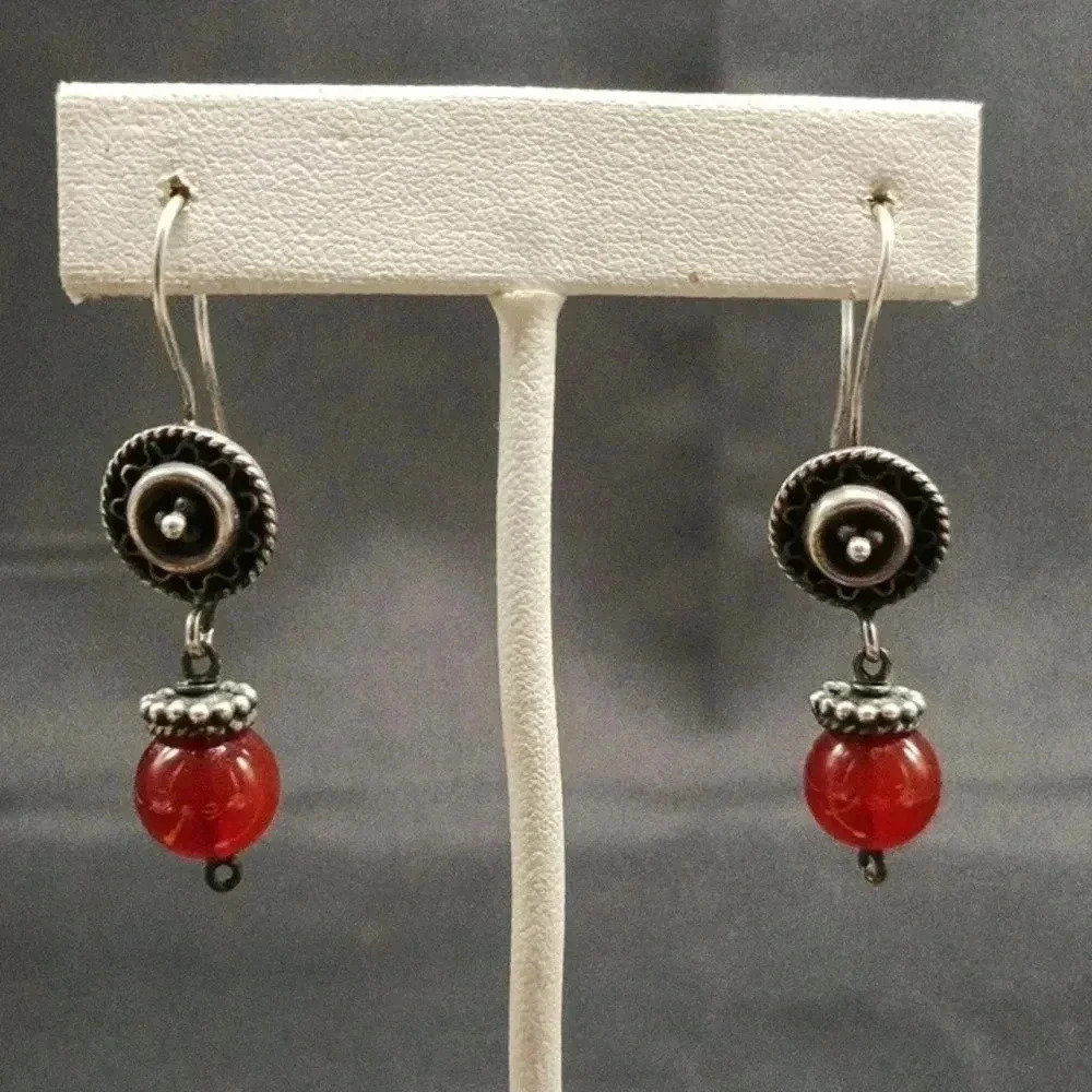 Vintage handmade Sterling Silver Carnelian Hook Dangly Earrings
